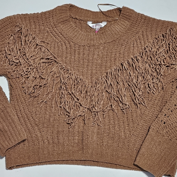 No Boundries Girls Brown Fringe Crew Neck Sweater Size S NWT - Picture 2 of 8